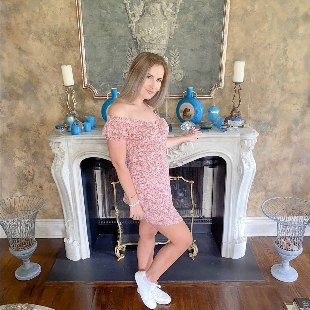 Blush White and Red OTS Floral Button Down Dress